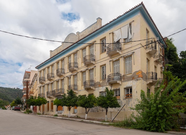 Abandoned hotel in neoclassical style of the resort town of Loutra Edipsou on island Evia in Greece