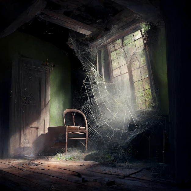 Abandoned house and broken furniture volumetric light generative ai