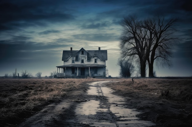 Abandoned house in the middle of a field with bare trees