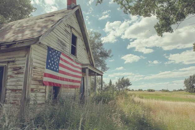 Photo abandoned house with american flag