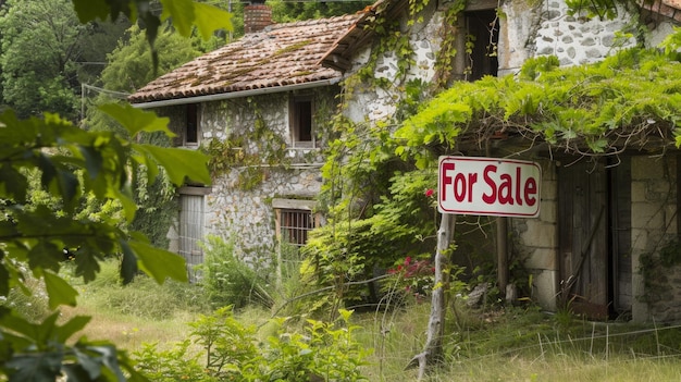 Abandoned house with overgrown greenery and a For Sale sign depicting real estate investment or renovation concept