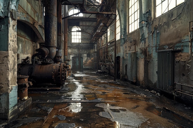 Abandoned industrial interior with sunlight