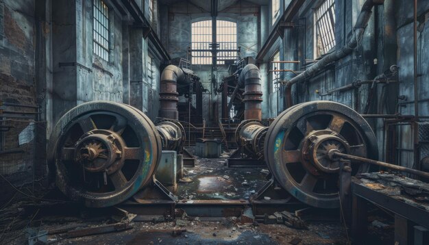 Photo abandoned industrial site featuring large machinery in a decaying building