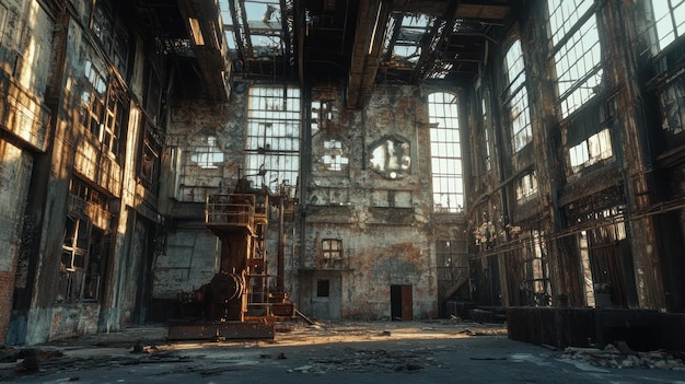 Photo an abandoned industrial space with deteriorating walls and large windows