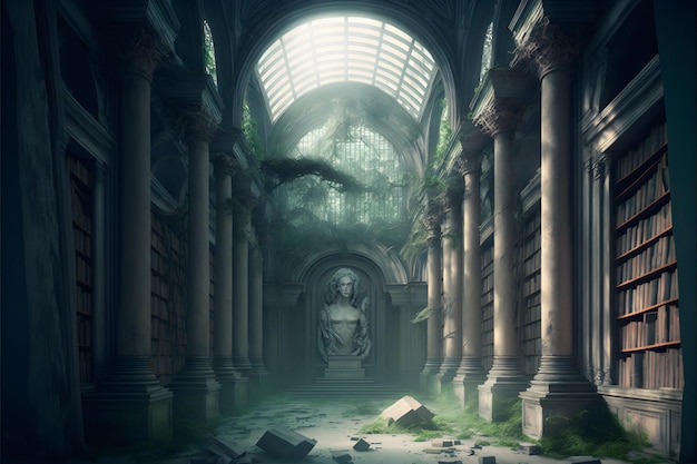 Abandoned library hall with mossy rocks and high bookcases, containing lost knowledge