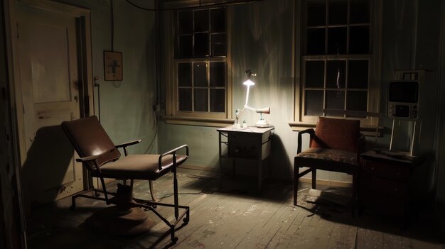 Photo abandoned medical room with a single light