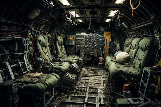 Abandoned military aircraft cockpit interior