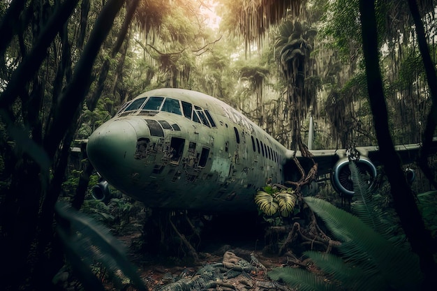 Abandoned military aircraft sitting in overgrown jungle dusty and dirty wide angle shot with shallow depth of field