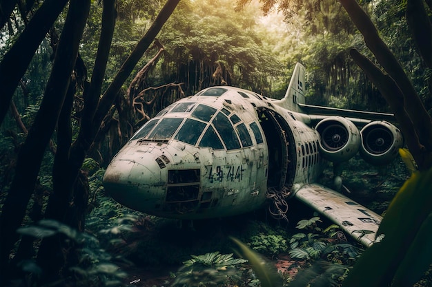 Abandoned military aircraft sitting in overgrown jungle dusty and dirty wide angle shot with shallow depth of field