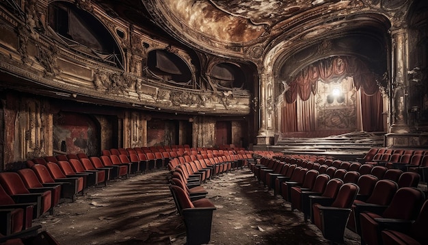 Abandoned movie theater empty stage ruined architecture generated by AI