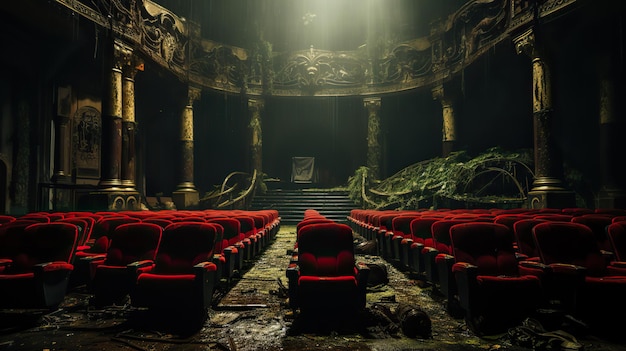 Abandoned Movie Theater with Vibrant Red Seats Eerie Yet Strikingly Cinematic