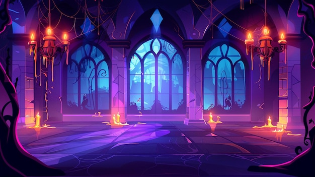 Photo abandoned night castle ballroom empty palace hall interior with glowing candles spiderweb and floortoceiling arched window with creepy glowing monster eye outside cartoon vector illustration