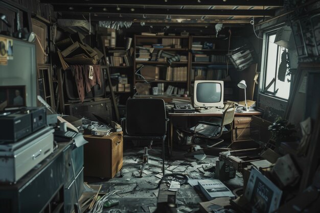 Photo abandoned office space cluttered with relics of past technology and paperwork