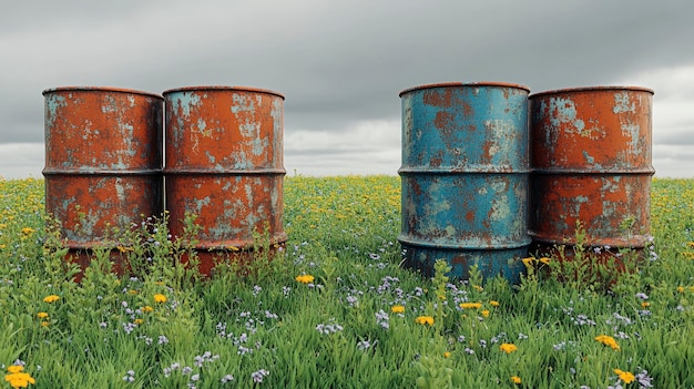 Abandoned oil drums rusting in a field overgrown weeds overcast sky