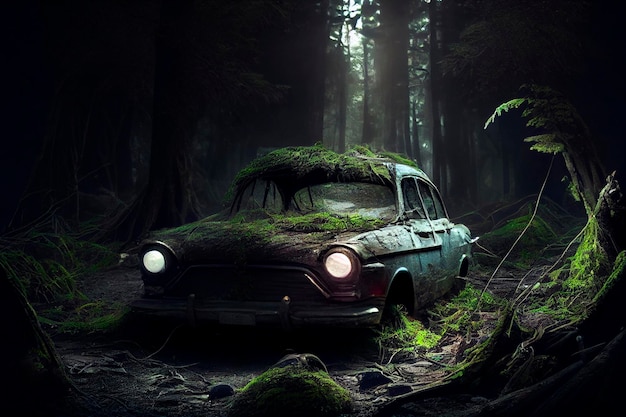 Abandoned old car without lamps, in the middle of a dark forest with moss