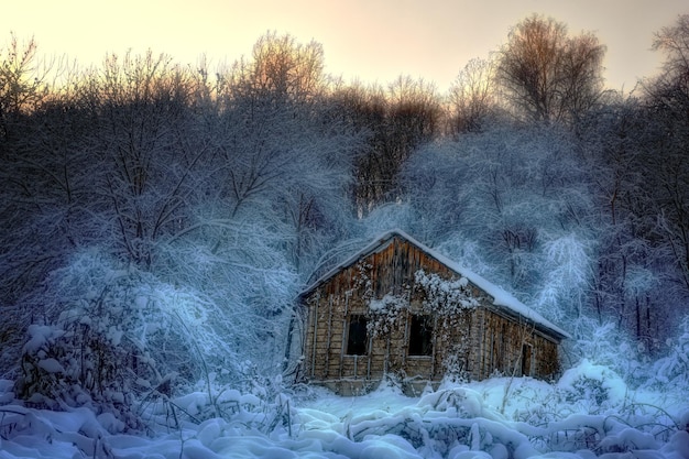 Abandoned old destroyed house in the winter forest