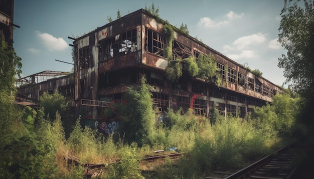 Abandoned old factory ruined by nature destruction generated by AI