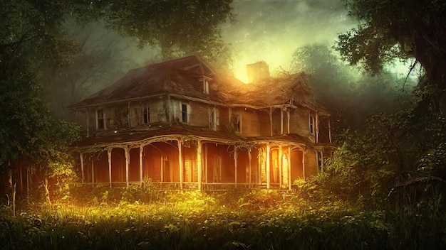 Abandoned old house hut shack overgrown with vegetation ivy and vines Magical scary fabulous dense forest no one around Building is captured by nature and vegetation 3d illustration