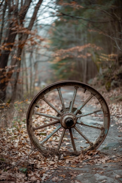 Photo abandoned old wagon wheel sitting on the side of a rural road ideal for rustic or countrysidethemed designs