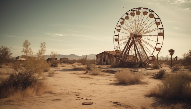 Abandoned old wheel on dry mountain landscape generated by AI