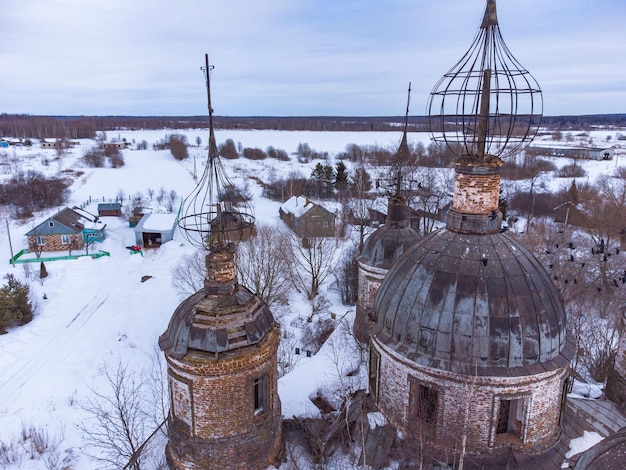 Abandoned Orthodox church from above top view of abandoned church