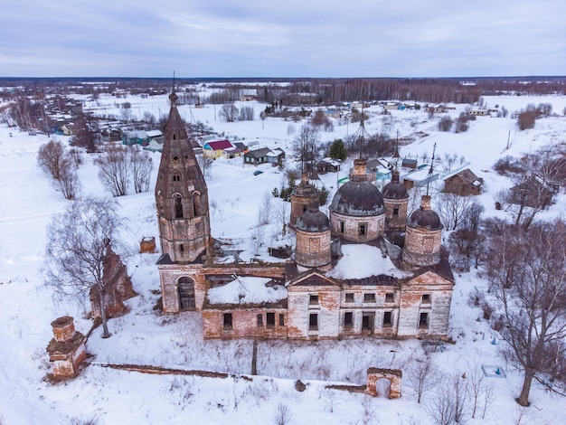 Abandoned Orthodox church from above top view of abandoned church