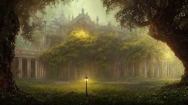 Abandoned palace castle overgrown with vegetation ivy and vines Empty atrium halls no one around Building is captured by nature and vegetation 3d illustration