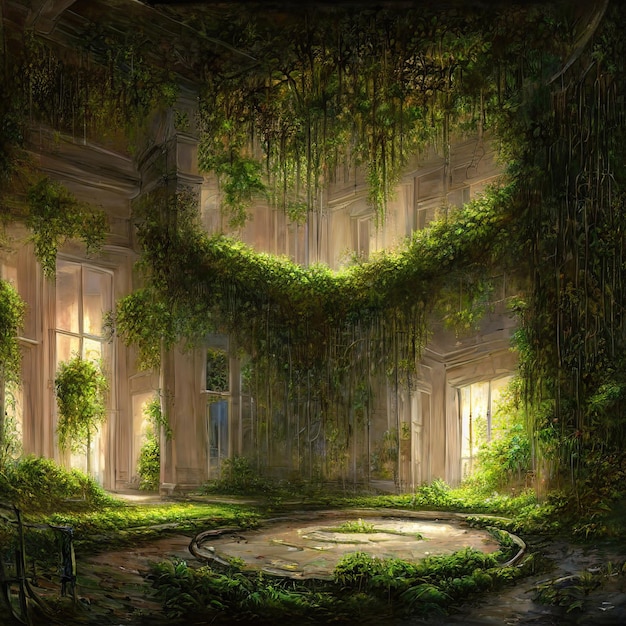 Abandoned palace castle overgrown with vegetation ivy and vines Empty atrium halls no one around Building is captured by nature and vegetation 3d illustration