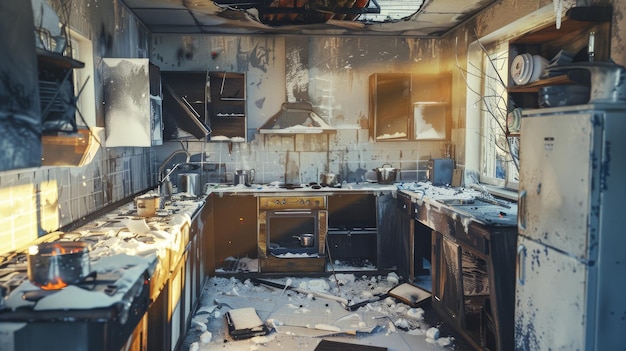 An abandoned partially destroyed kitchen filled with debris under a harsh stream of sunlight peering through broken windows