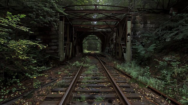 Photo abandoned railroad tracks leading into a dark forest