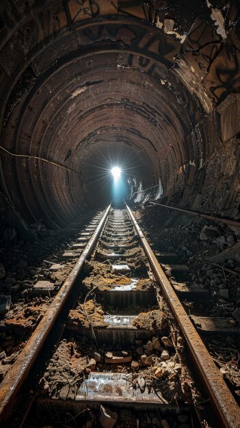 Abandoned railway in a decaying graffitied tunnel with light at the end