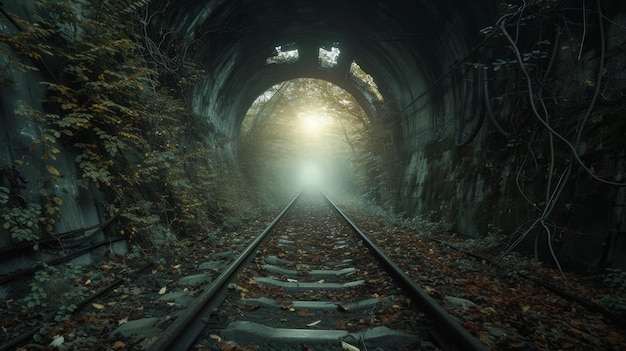 Abandoned railway tunnel with foliage and misty light