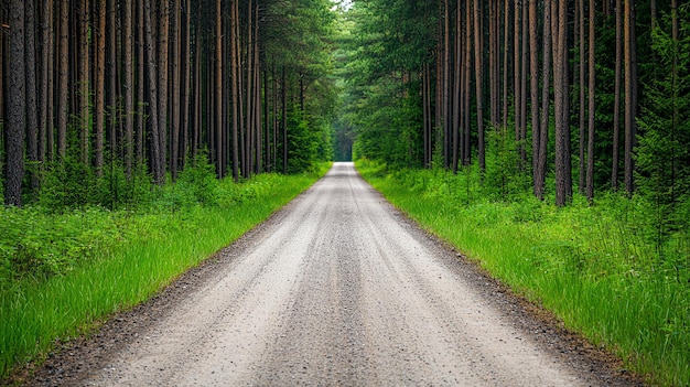 Abandoned road in overgrown pine forest sense of mystery and decay