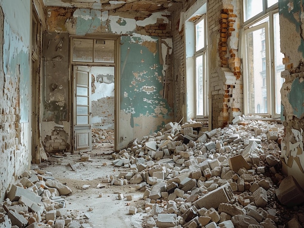 Photo abandoned room filled with debris and crumbling walls in a neglected building