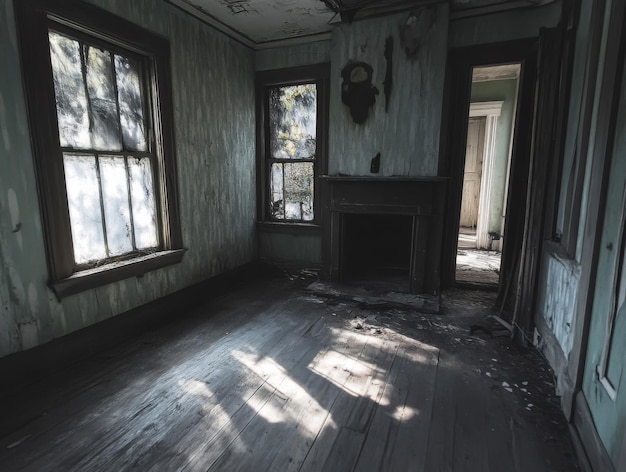 Photo abandoned room with a fireplace and sunlight streaming through windows