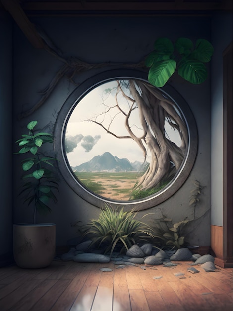 Abandoned room with round window and plants View on old tree and far mountains