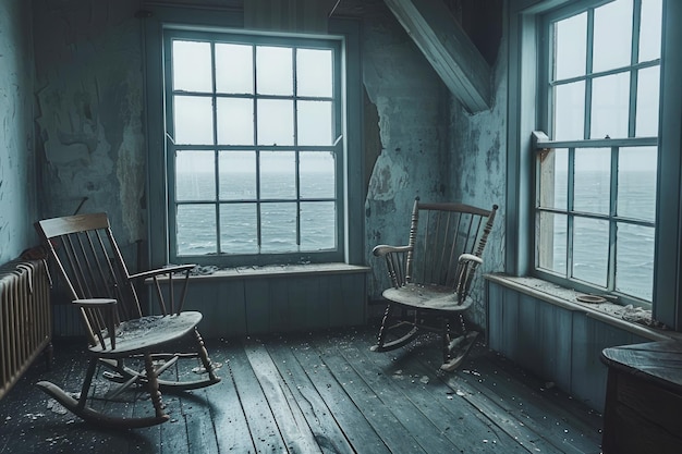 Abandoned Room with Vintage Wooden Chairs and Dusty Windows Overlooking a Bleak Atmosphere