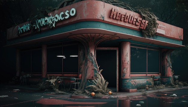 Abandoned Ruined Fastfood post apocalyptic city urban horror fantasy decor Generative ai