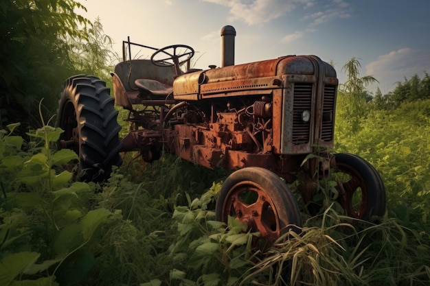 Abandoned rusty tractor in overgrown field created with generative ai