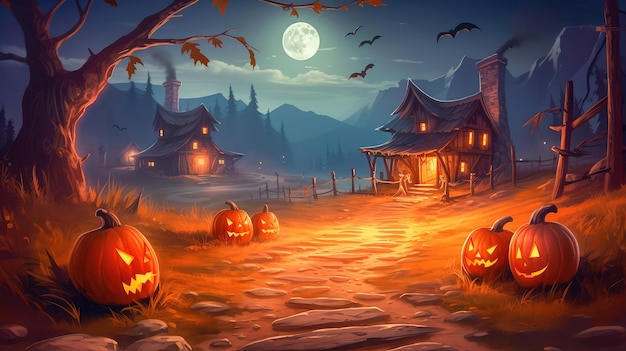 An abandoned scary house next to a cemetery in a forest with pumpkins a full moon bats and fog Pumpkins In The Cemetery On A Creepy Night on a Halloween background Generative AI