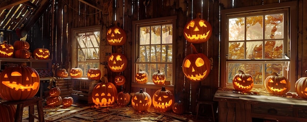 Abandoned shack with jacklanterns in every window