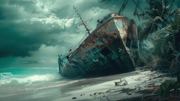 Abandoned Shipwreck on Tropical Beach Atmospheric Seascape with Dramatic Clouds and Lush Palm Trees