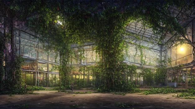 Abandoned shopping mall overgrown with vegetation ivy and vines Empty trading halls no one around Building is captured by nature and vegetation 3d illustration