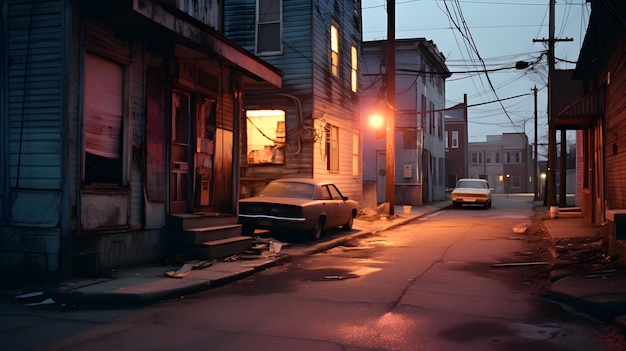 an abandoned small city street at dusk