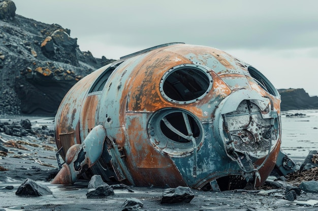 Abandoned space capsule on alien shoreline