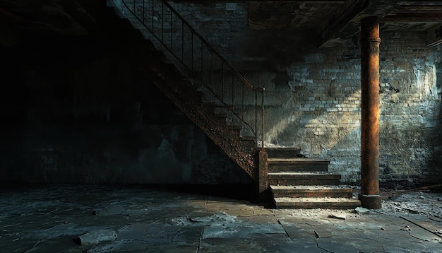 Photo abandoned staircase in an old dimly lit basement with crumbling walls and shadows