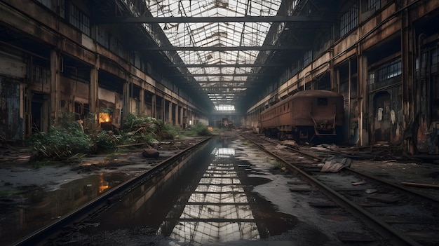 Photo abandoned steel plant with puddles in the middle