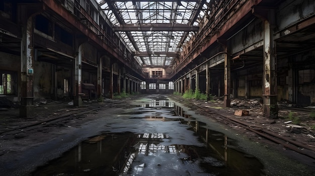 Photo abandoned steel plant with puddles in the middle