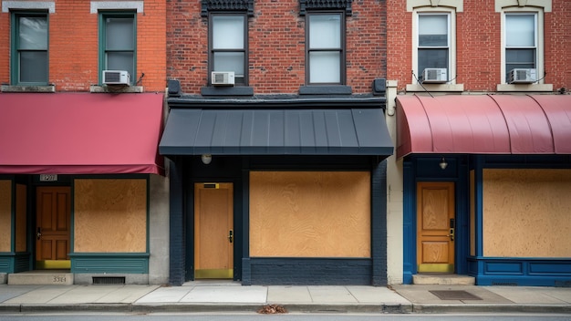 Photo abandoned storefronts with boarded windows on a quiet city street during daytime