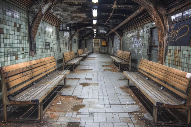 Abandoned Subway Station Interior with Vintage Wooden Benches and Tiled Walls Leading to Empty